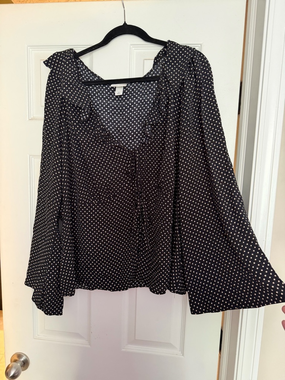 Ava & Viv Black Blouse with White Polka Dots. Ties in the front